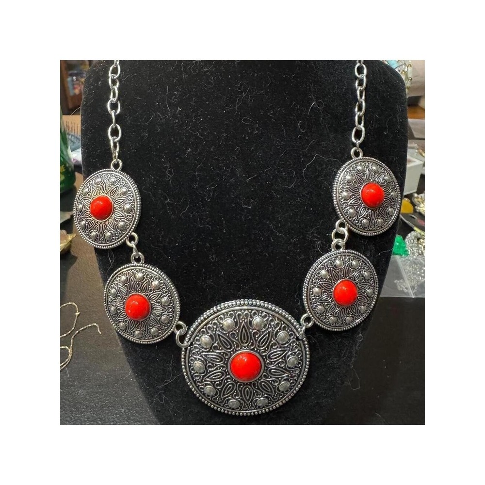 4-Paparazzi Statement Necklace Women OS Silver Red Good Boho Filigree Medallion